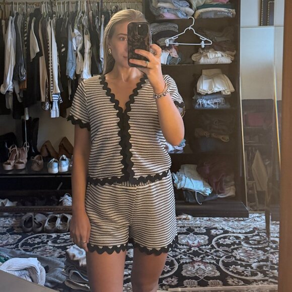 Black and Cream Knit Short Set - Hem & Thread - Black Scalloped Edge - Tie Front - Picture 4 of 4